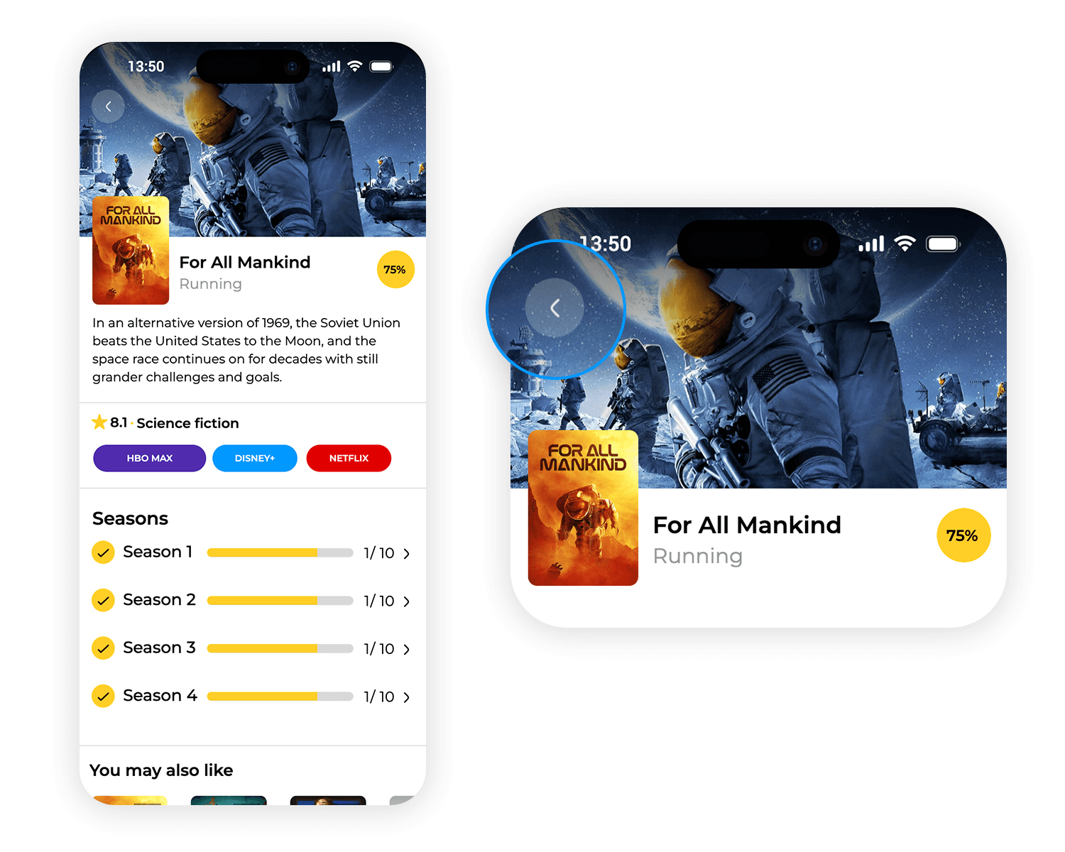 Mobile app screen showing TV show details with a back button and season progress