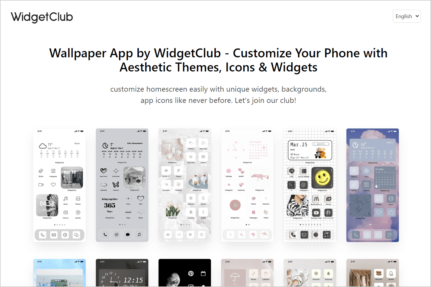 WidgetClub app showing different ways to customize your phone's home screen with cool themes, icons, and widgets