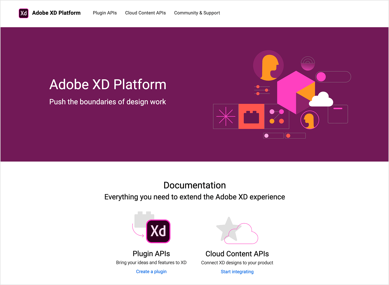 Adobe XD platform page with plugin and cloud content APIs