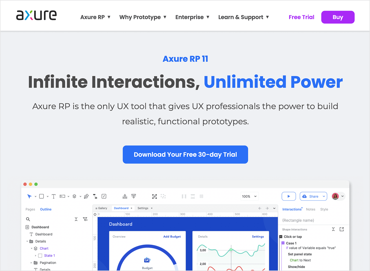 Axure RP 11 homepage showcasing its prototyping features.