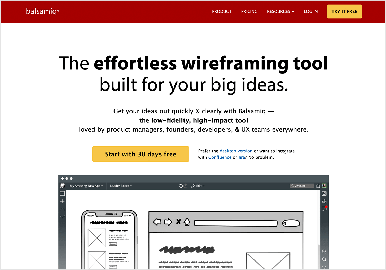 Balsamiq wireframing tool homepage with product overview.