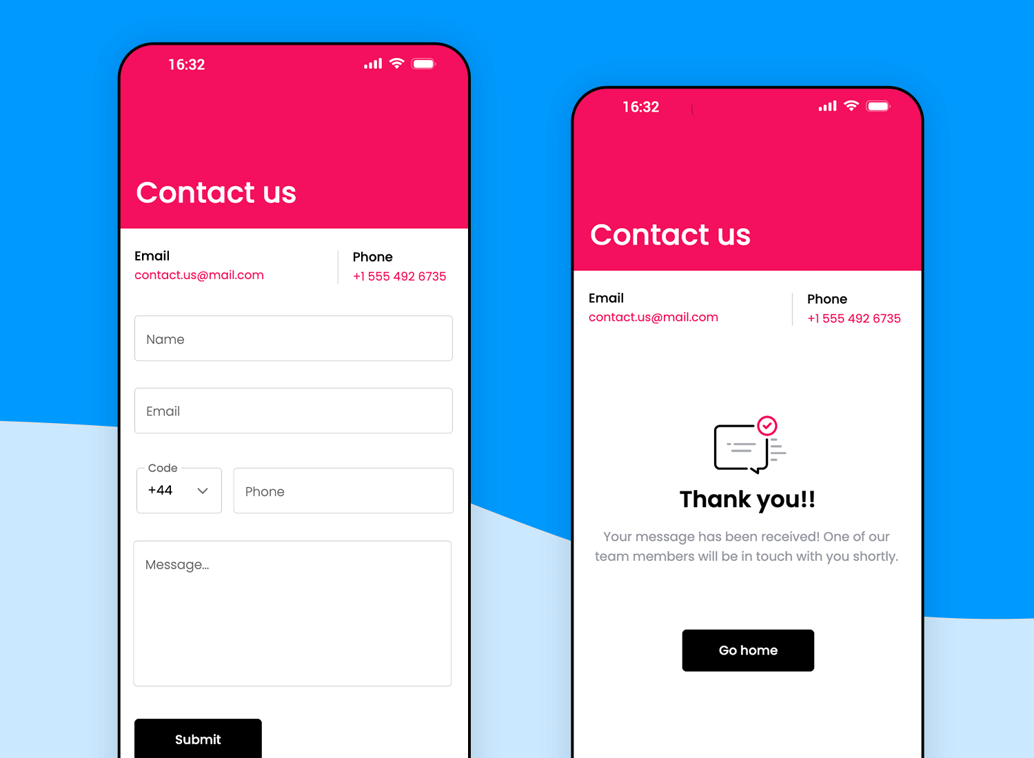 Contact form with confirmation screen in red theme