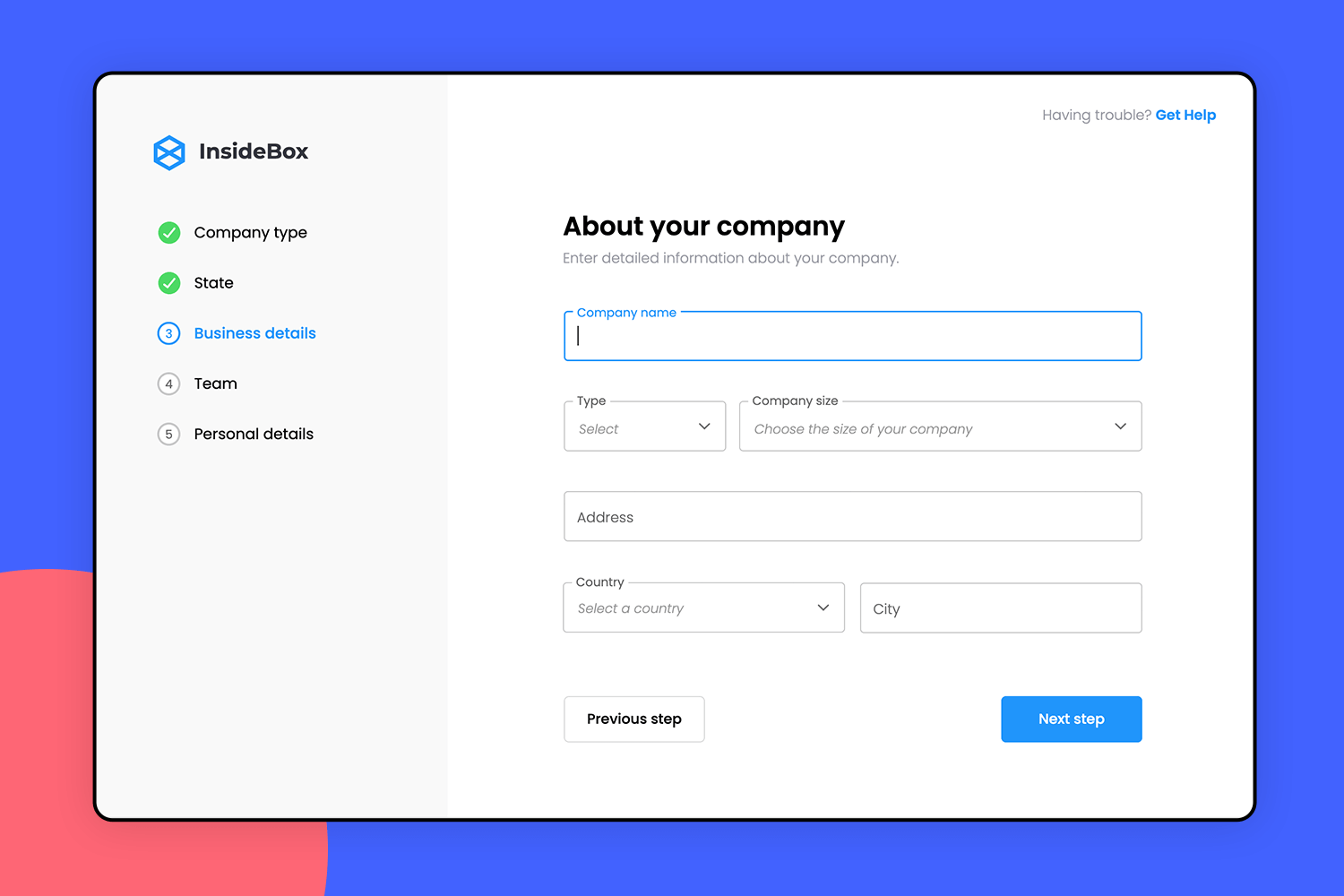 Company information form with step-by-step progress tracker