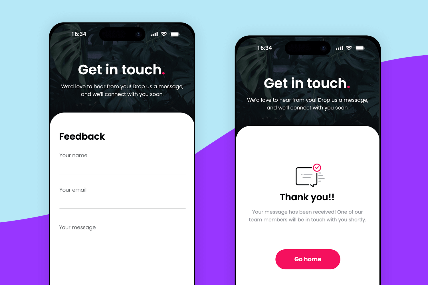 Dark-themed contact form with feedback section