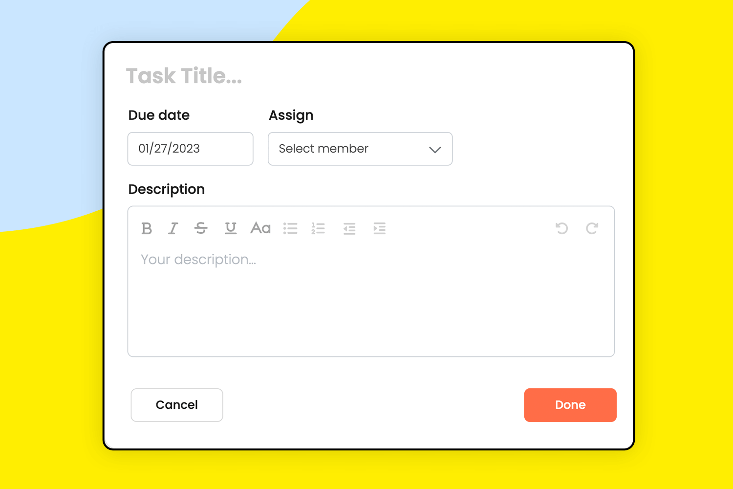 Task assignment form with dropdown menu for team selection