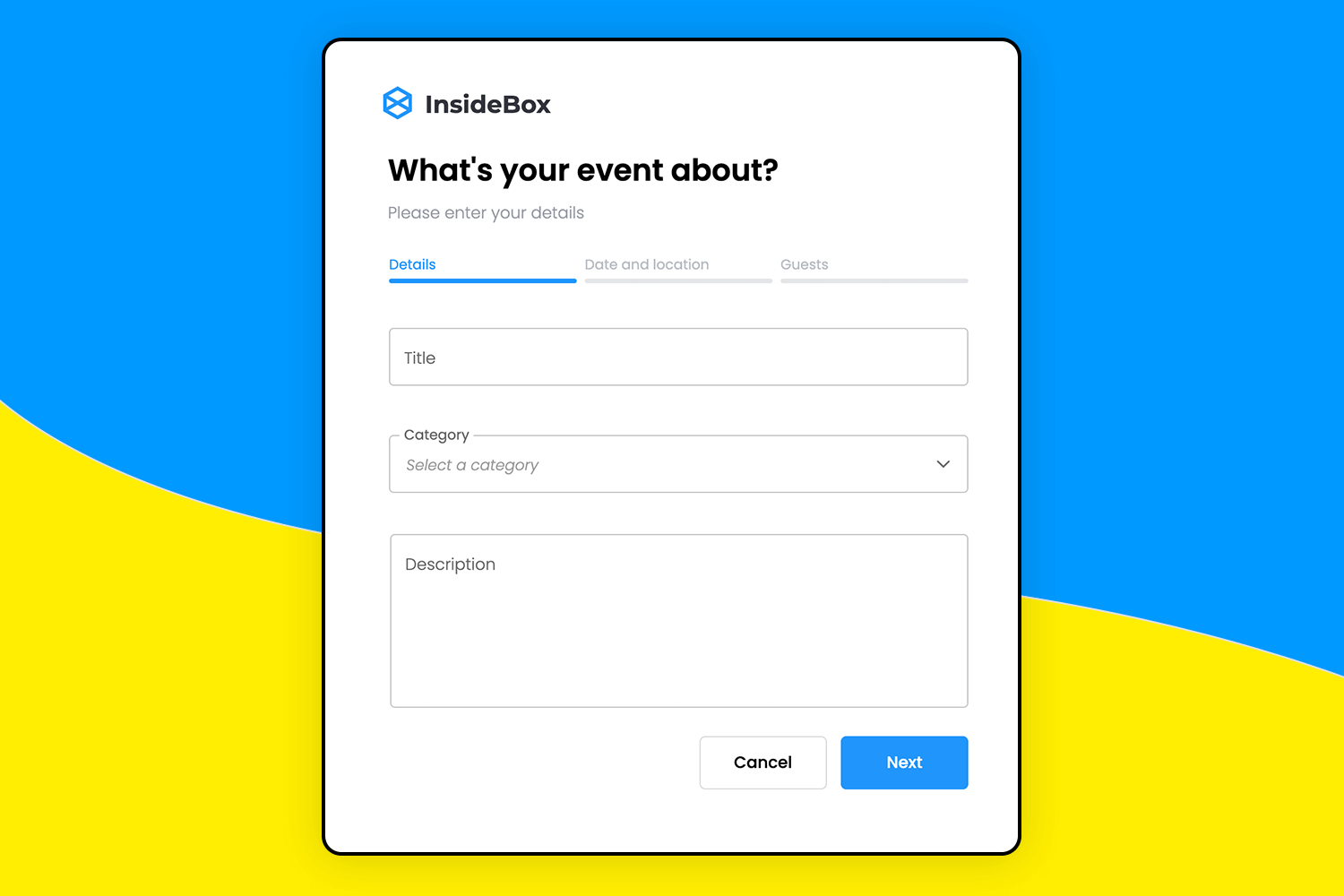 Event planning form with step-by-step layout