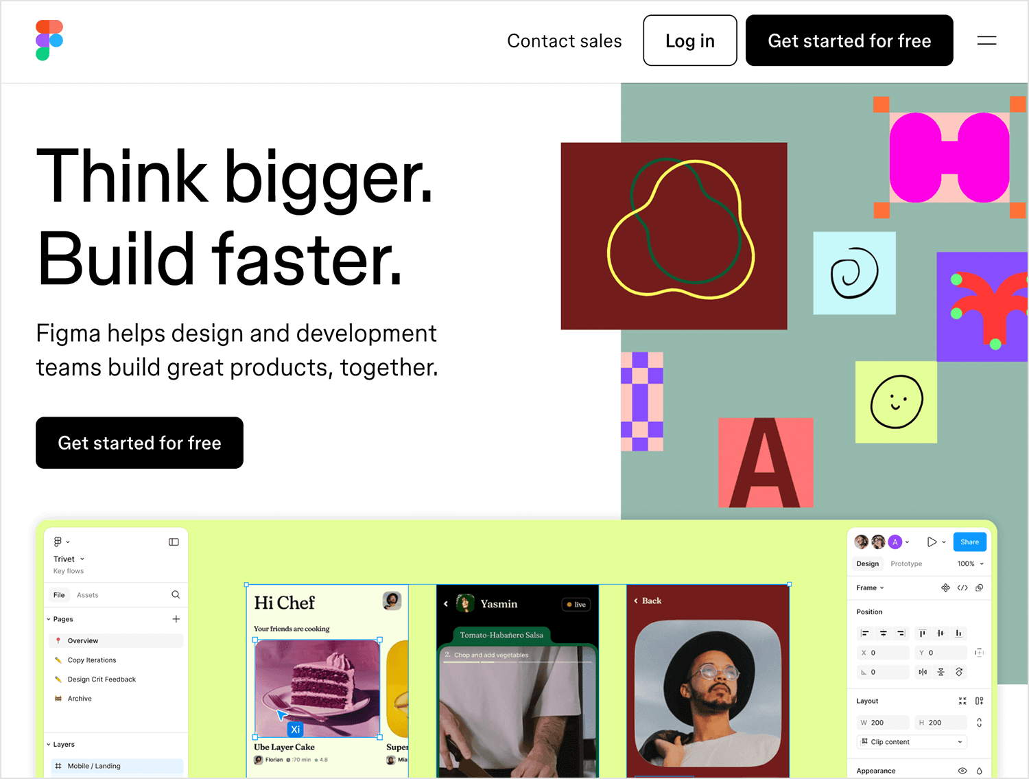 Figma homepage with the slogan 'Think bigger. Build faster.' and options to get started for free, log in, and contact sales.