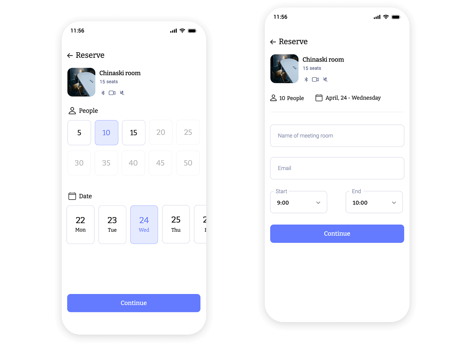 Meeting room reservation form with options for people, date, time, and room details