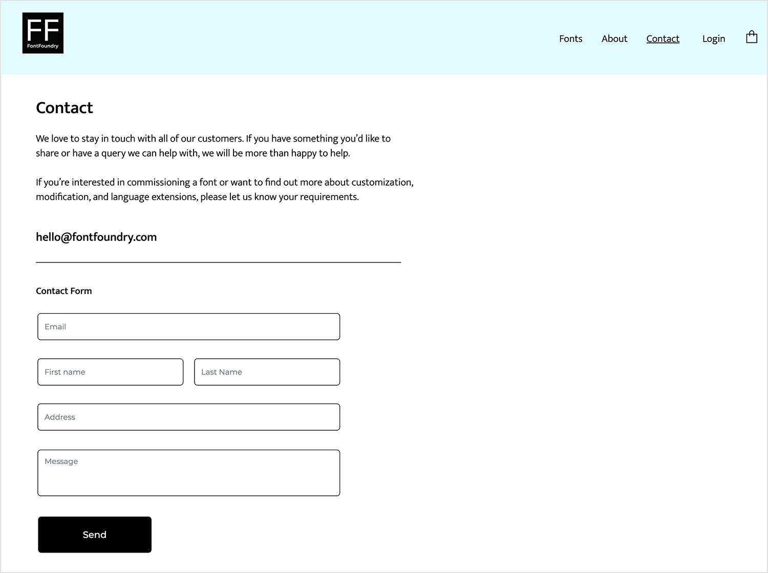 Font Foundry contact form with fields for email, name, address, and message, featuring a simple and clean design