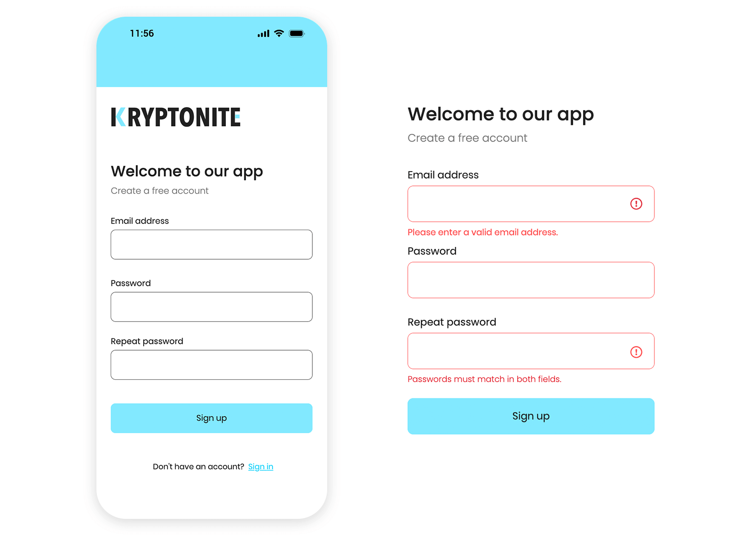 Kryptonite app signup form with fields for email, password, and confirmation