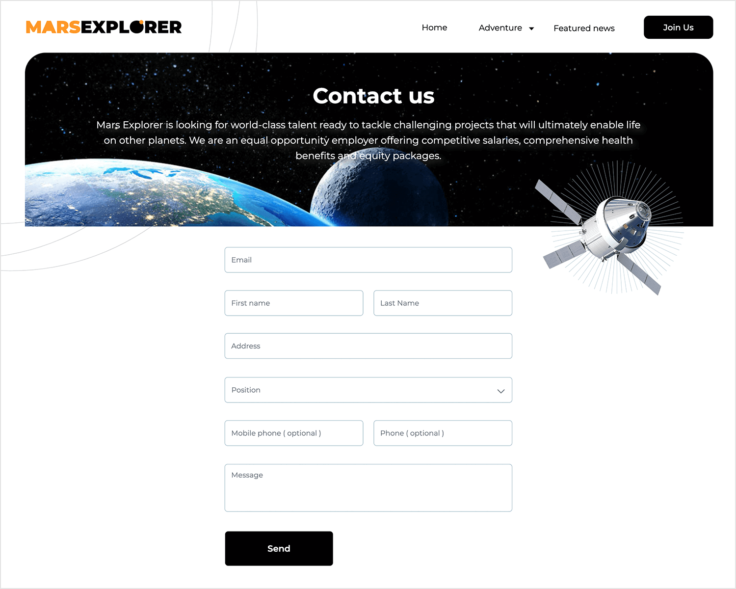 Mars Explorer contact form with fields for email, name, address, position, and message, featuring a space-themed design