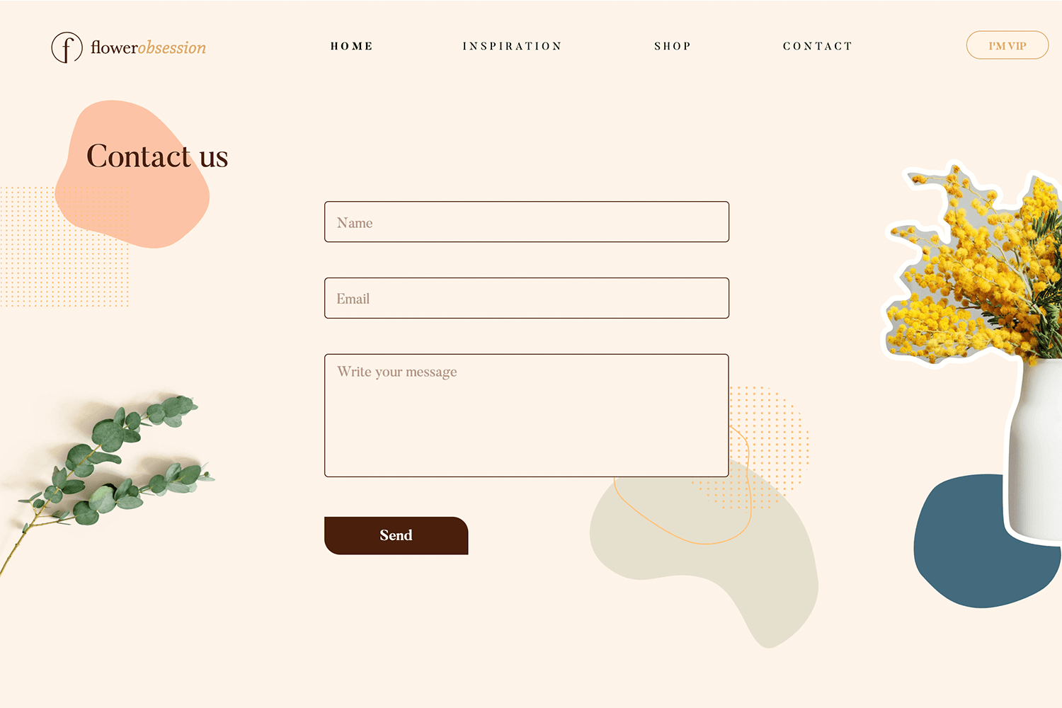 Florist Online contact form with fields for name, email, and message, featuring a floral-themed design