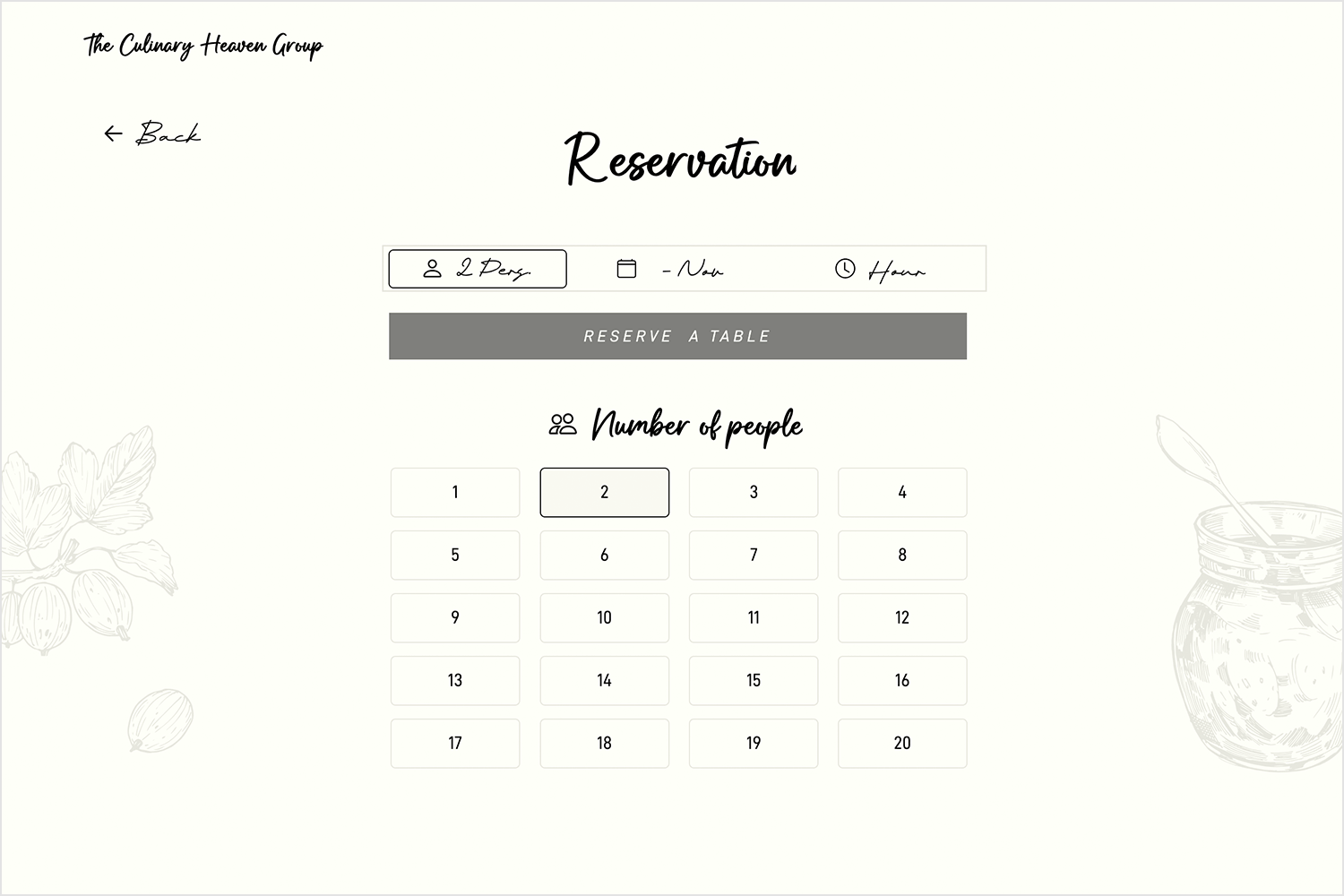 Reservation form for selecting number of people and table