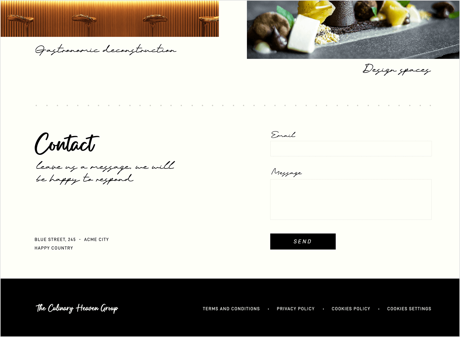 The Culinary Heaven Group contact form with fields for email and message, featuring a minimalistic design