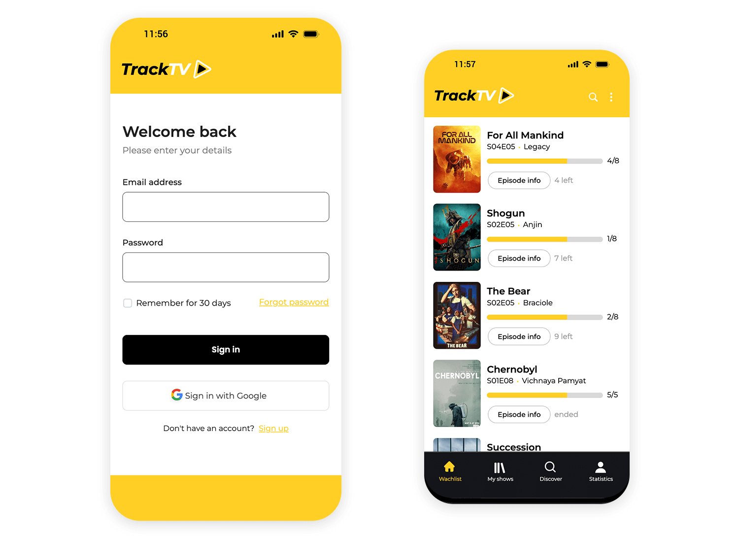 TrackTV app with sign-in screen and episode tracking interface
