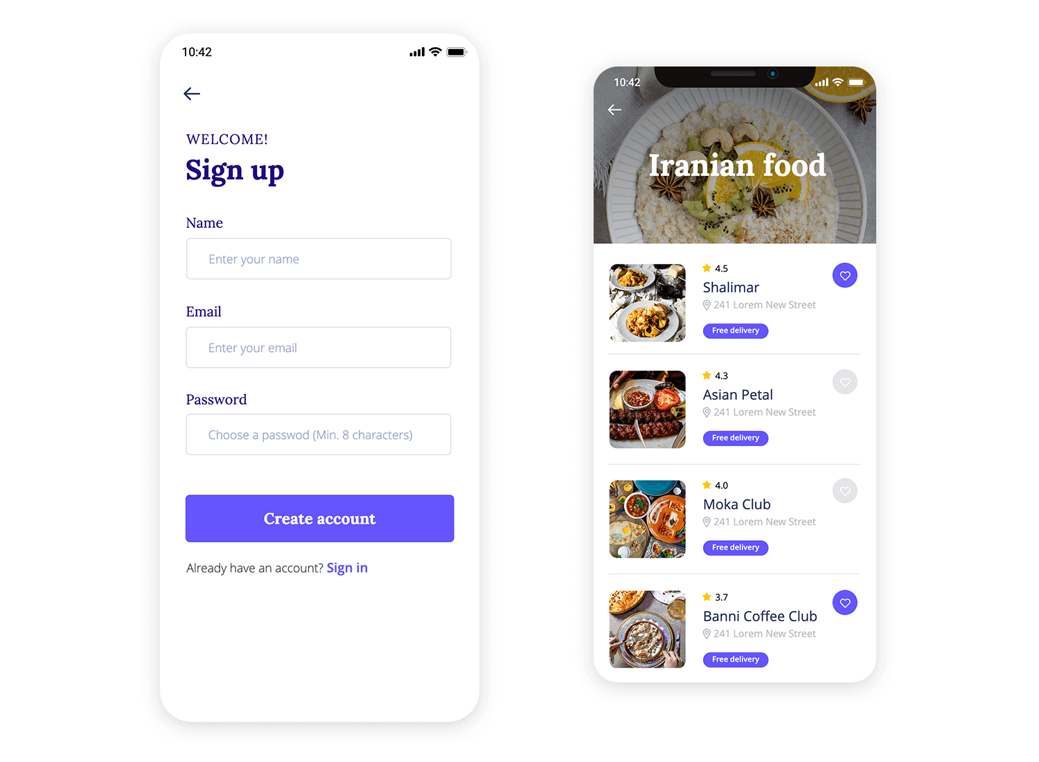 Food delivery app with a signup form and a menu displaying Iranian food options from various restaurants