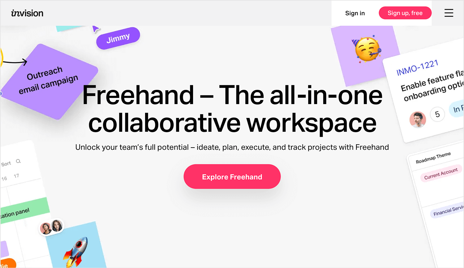 InVision Freehand homepage showcasing its collaborative workspace features.