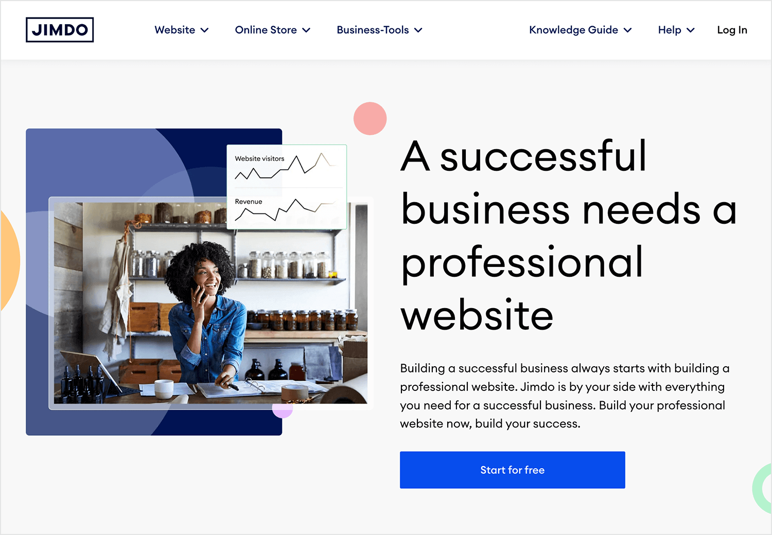 Jimdo platform highlighting professional website creation for businesses