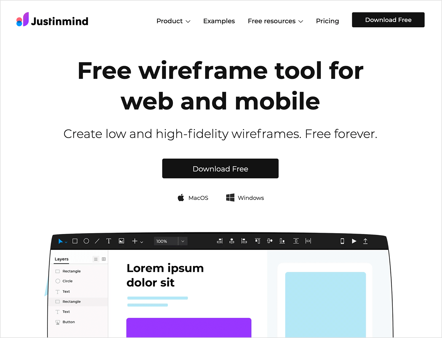 Justinmind free wireframe tool for creating low and high-fidelity wireframes for web and mobile.