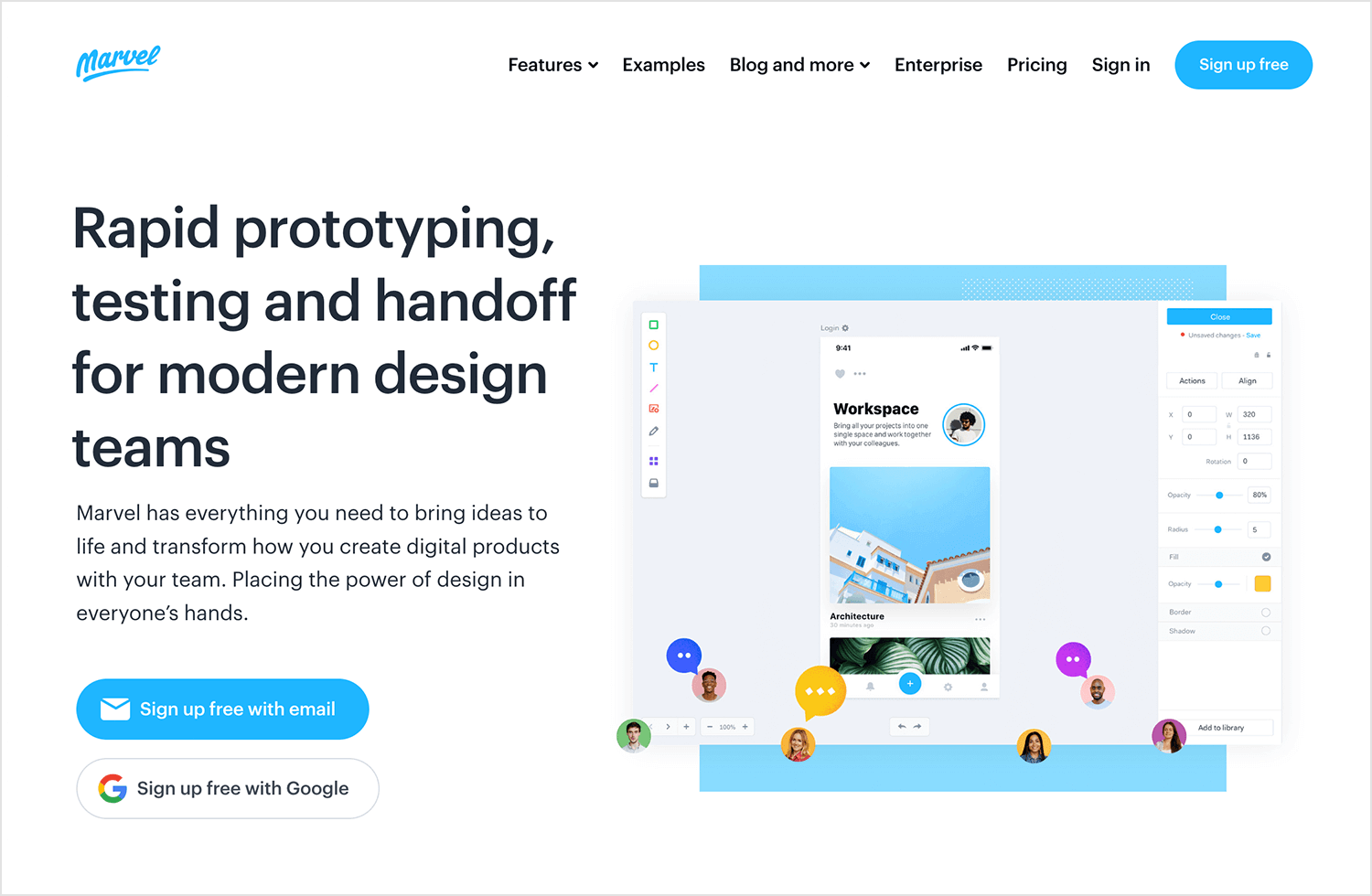 Marvel homepage UX design tool promoting rapid prototyping, testing, and handoff for modern design teams with options to sign up for free.