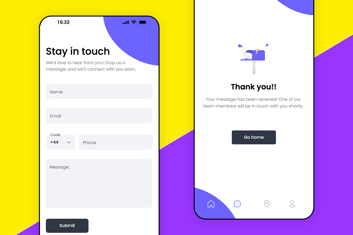 Colorful contact form with confirmation message