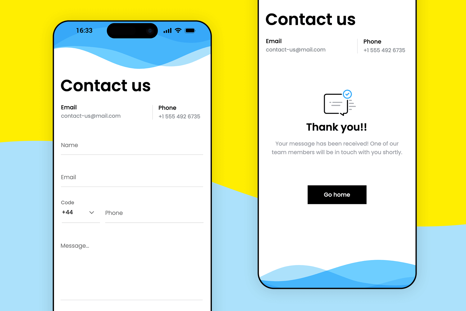 Simple contact form with blue wave design