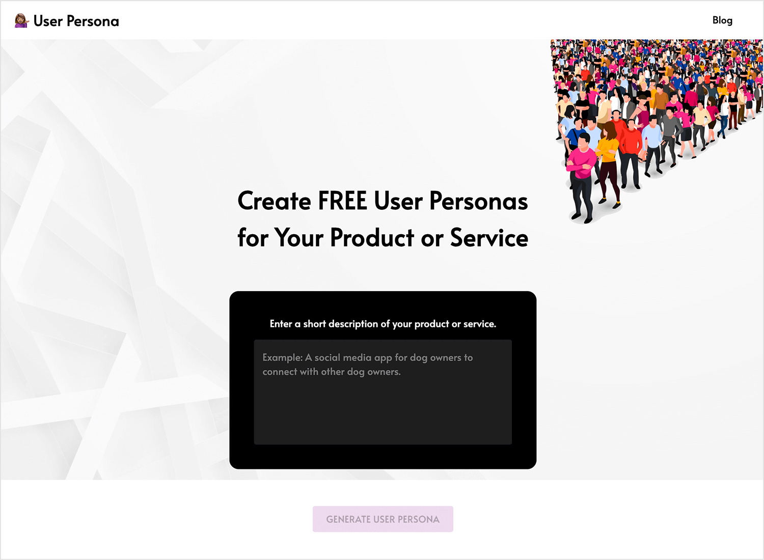 User Persona app interface showcasing free user persona generation for products or services