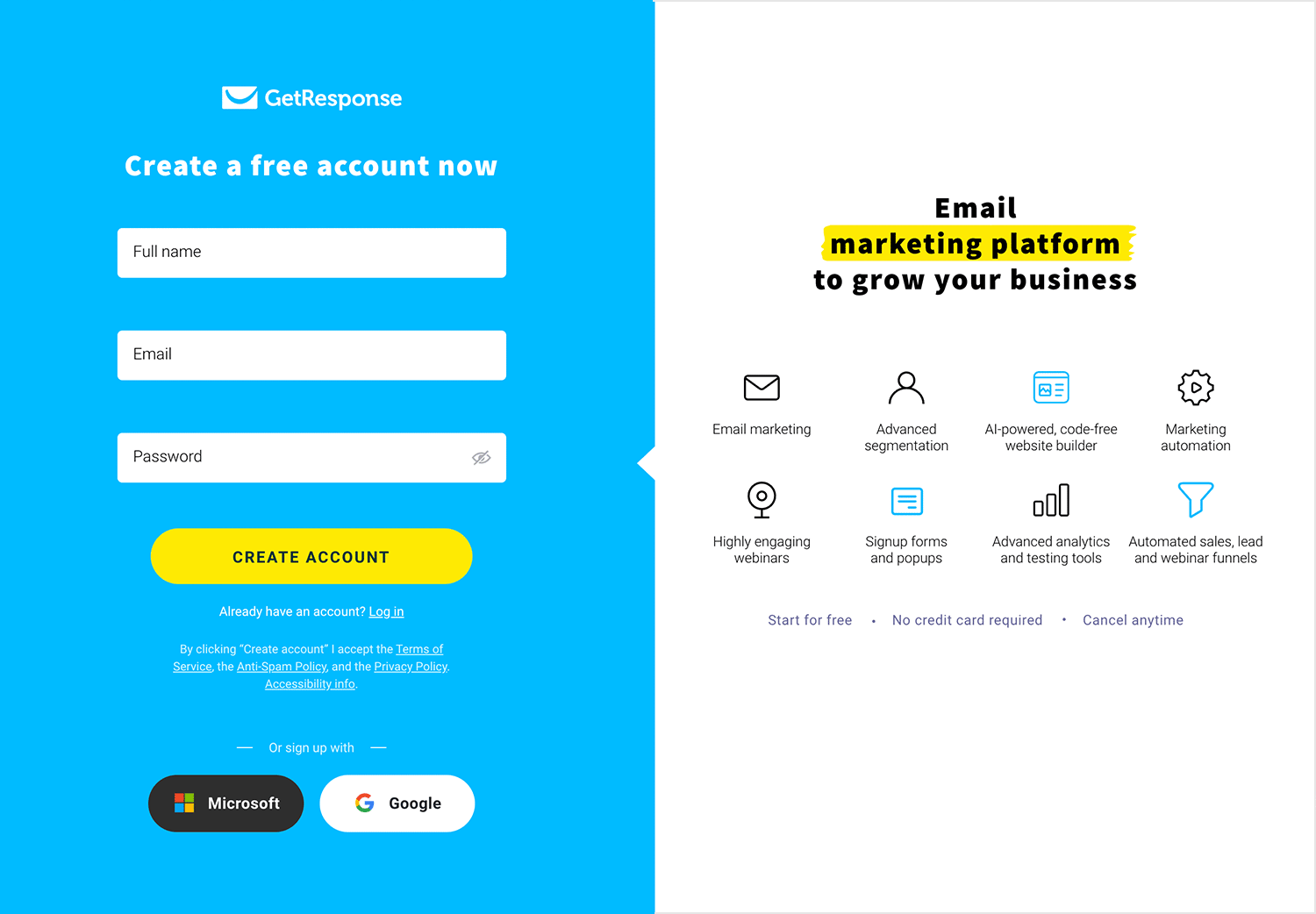 sign up page examples get response