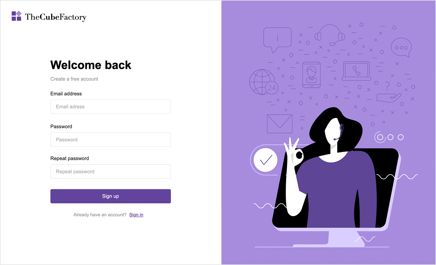 Signup form with fields for email, password, and repeat password, next to a purple illustration of a person with tech icons