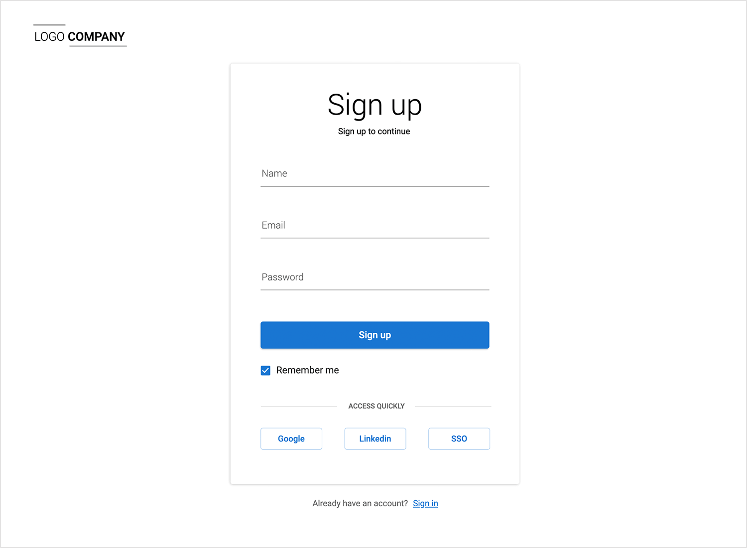 Company signup form with name, email, and password fields, a blue sign-up button, and options to sign up via Google, LinkedIn, or SSO