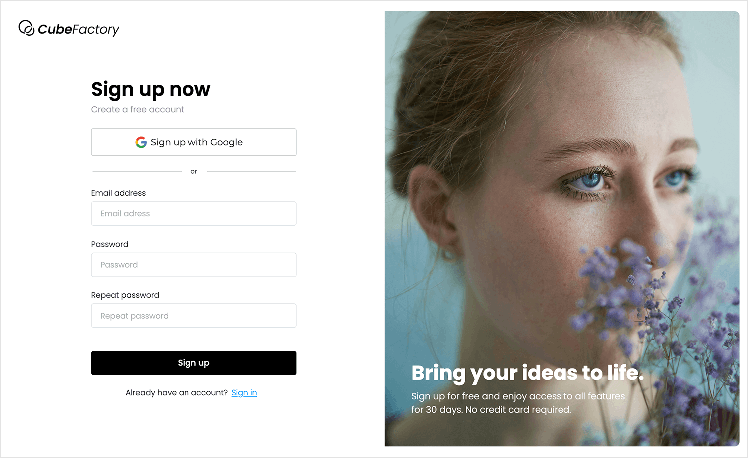 CubeFactory signup form with Google button, email, password fields, and a side image of a woman holding purple flowers