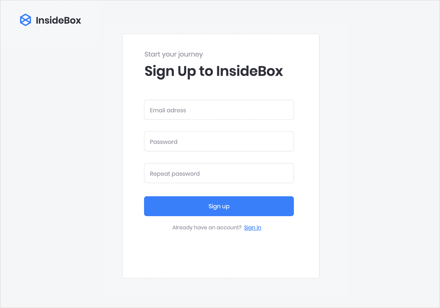 InsideBox signup form with email, password, and repeat password fields and a blue sign-up button