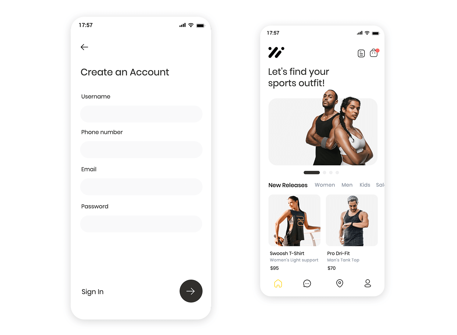 Mobile fitness clothing app with account creation form and a sports outfit shopping page showing new releases