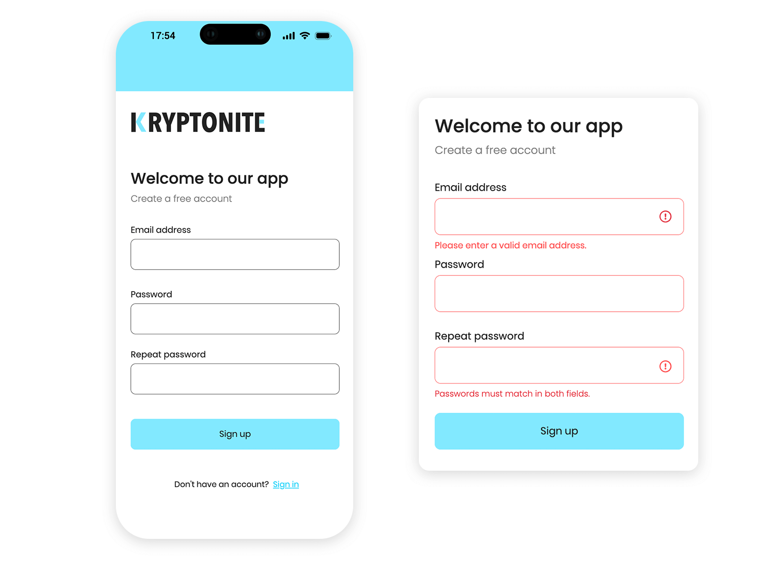 Signup form with fields for email, password, and forgot password