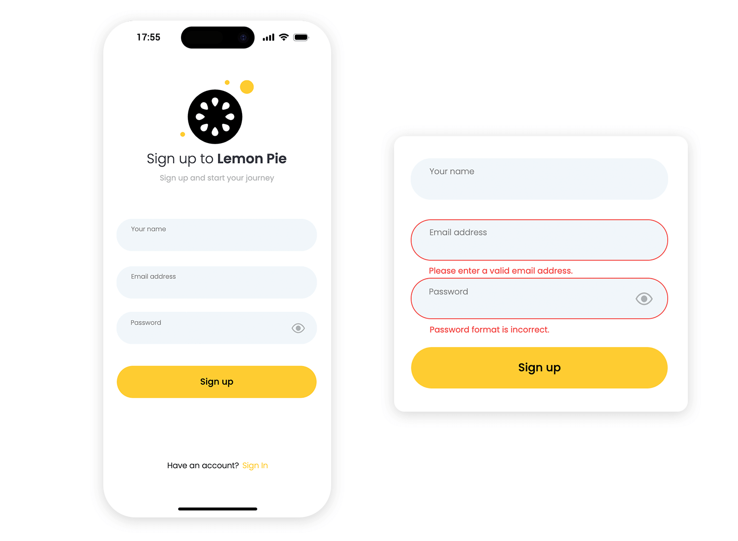 Lemon Pie signup form with name, email, and password fields, showing red error messages for invalid email and password