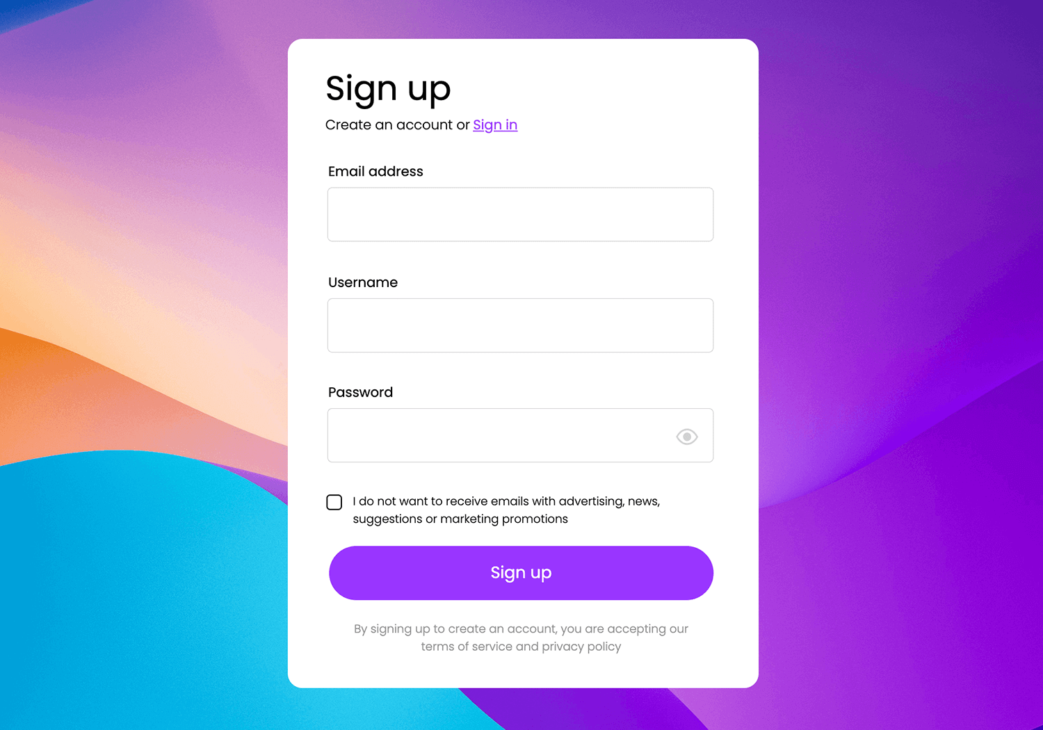 Signup form with email, username, and password fields, and a purple 'Sign up' button