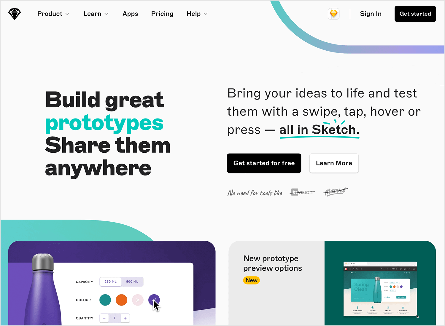 Sketch homepage promoting building and sharing prototypes