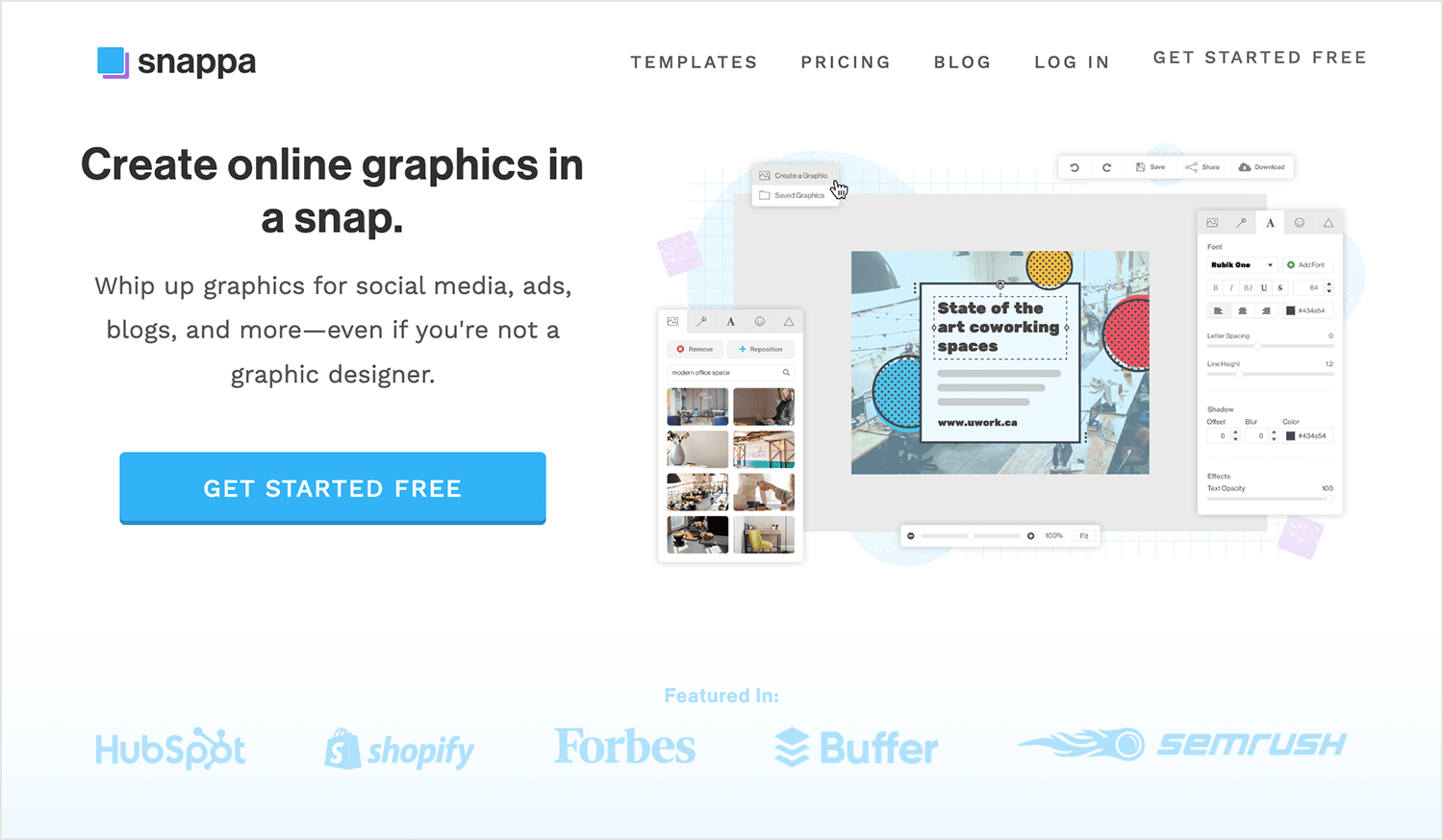 Snappa homepage showcasing online graphic creation tool