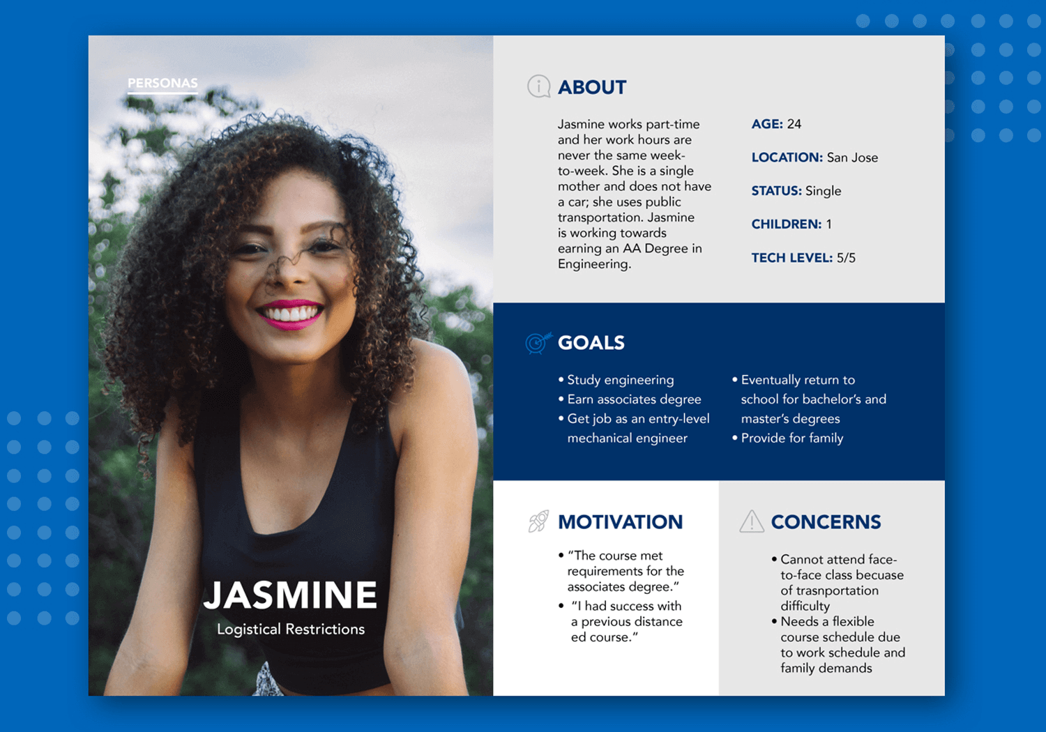 User persona of Jasmine, a determined single mother balancing part-time work while pursuing an engineering degree and facing logistical challenges