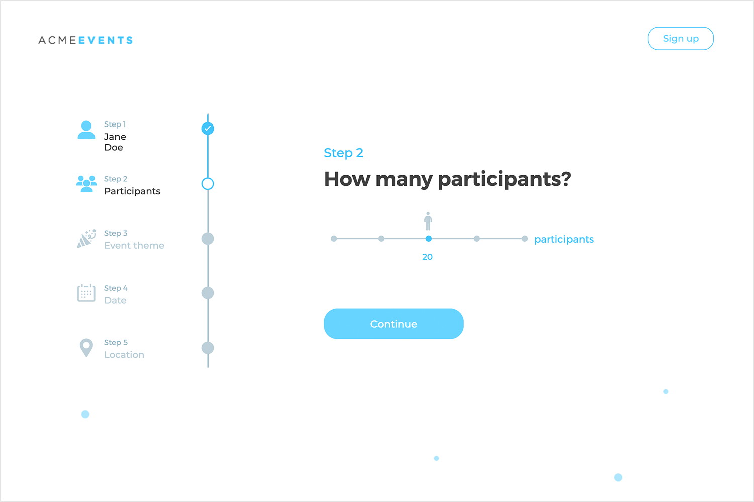 ACME Events form asking for the number of participants with a slider.