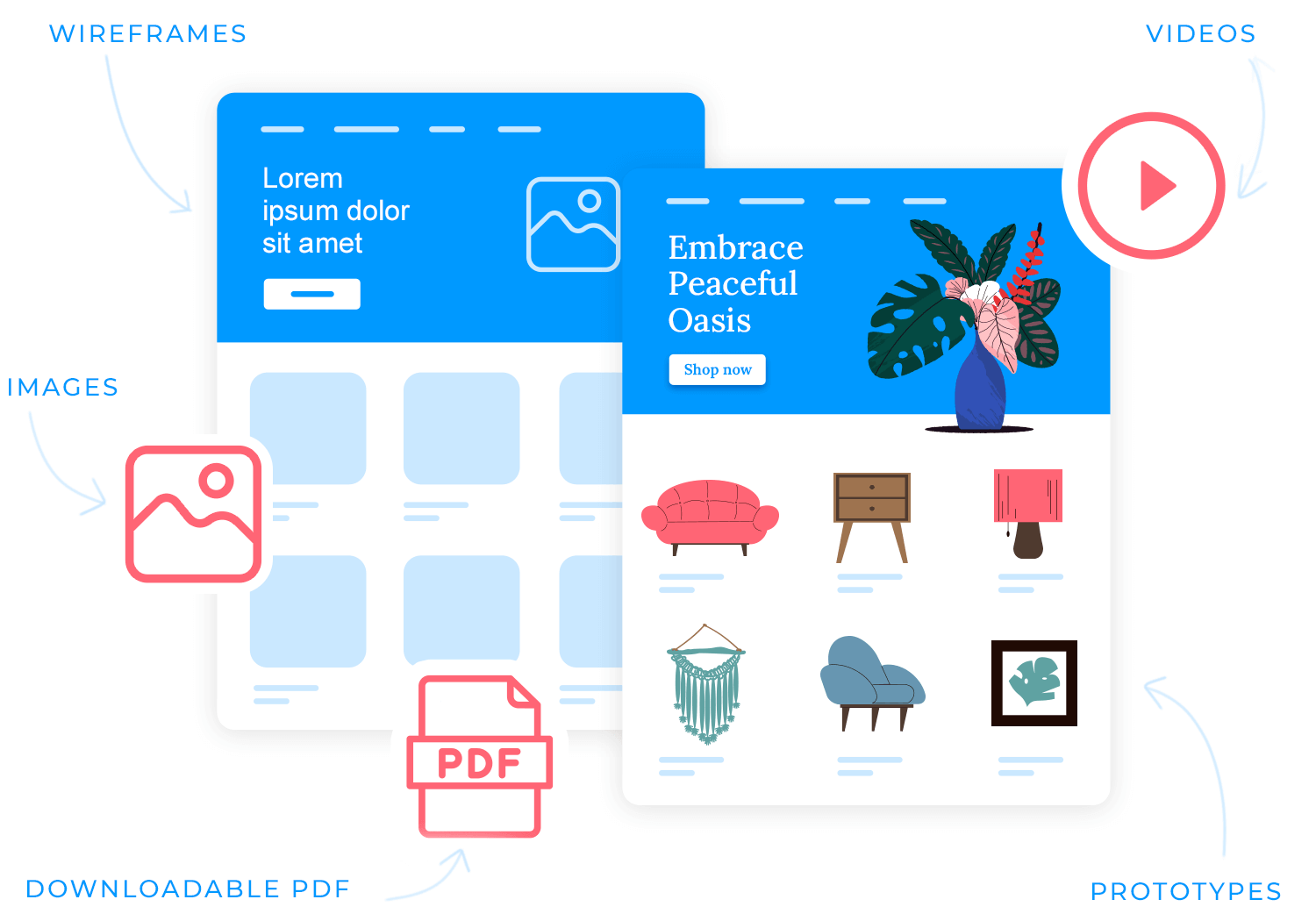 Website design assets overview including wireframes and PDFs