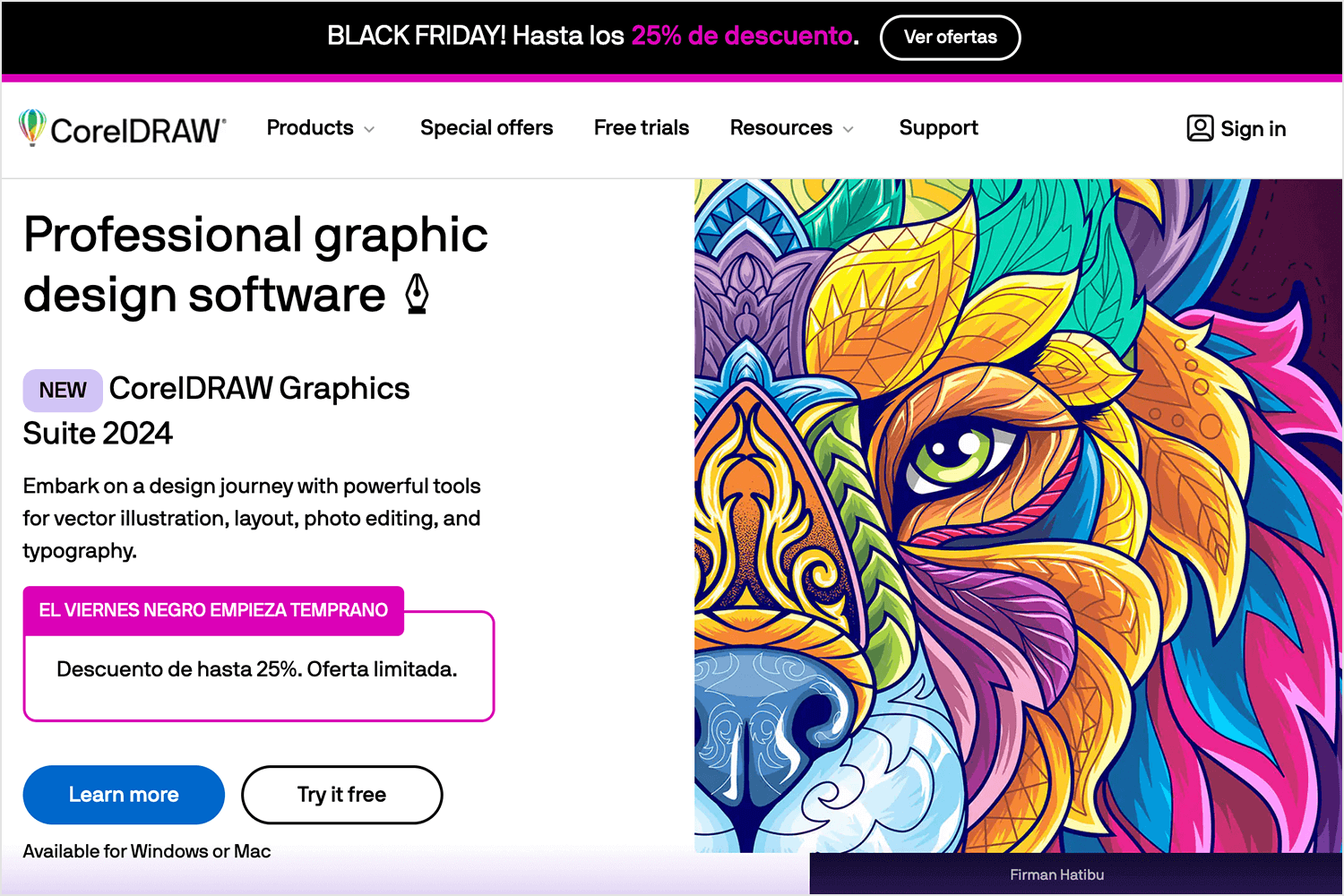 CorelDRAW Graphics Suite 2024 homepage highlighting powerful graphic design tools and colorful artwork