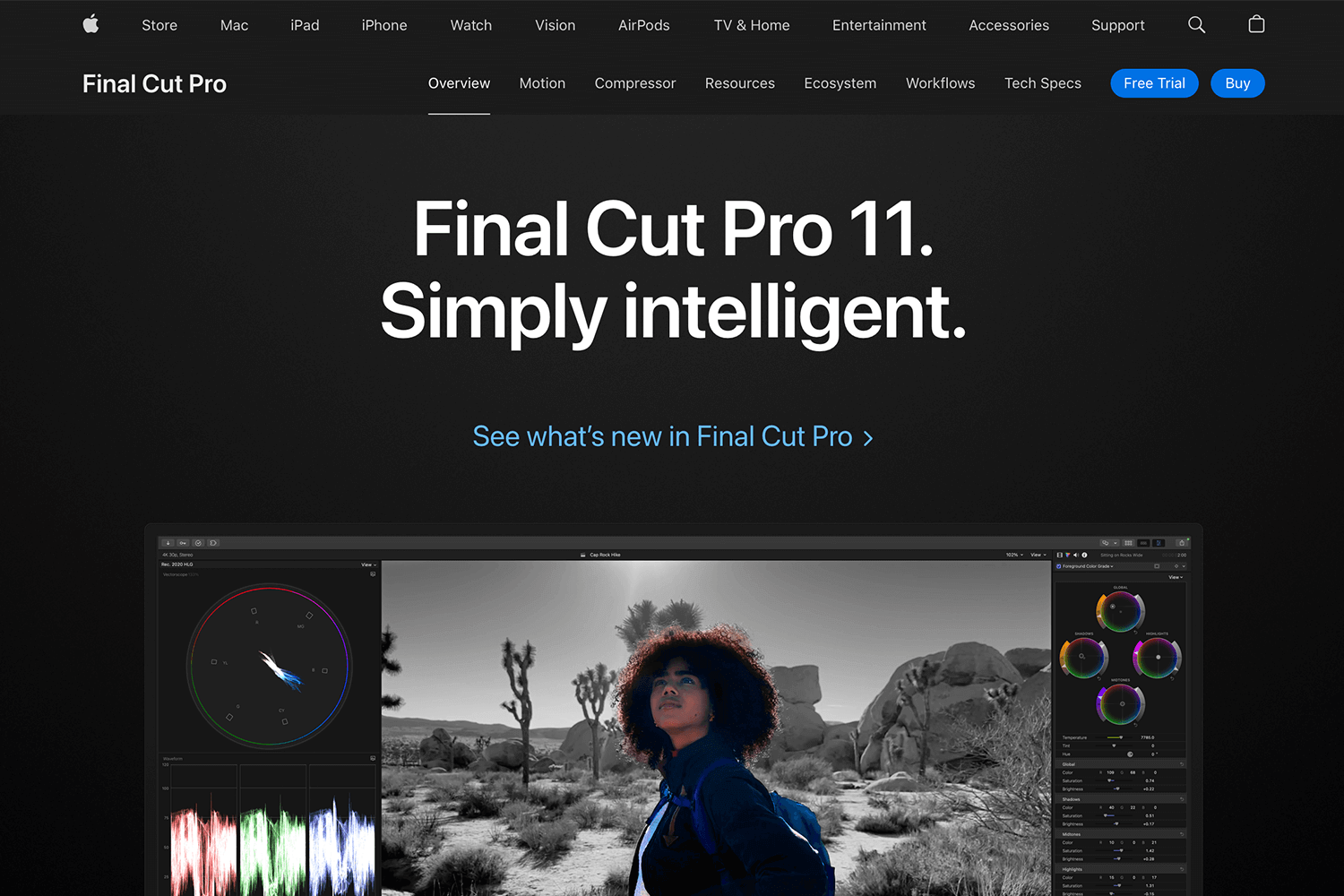 Final Cut Pro 11 homepage showcasing advanced video editing tools and interface