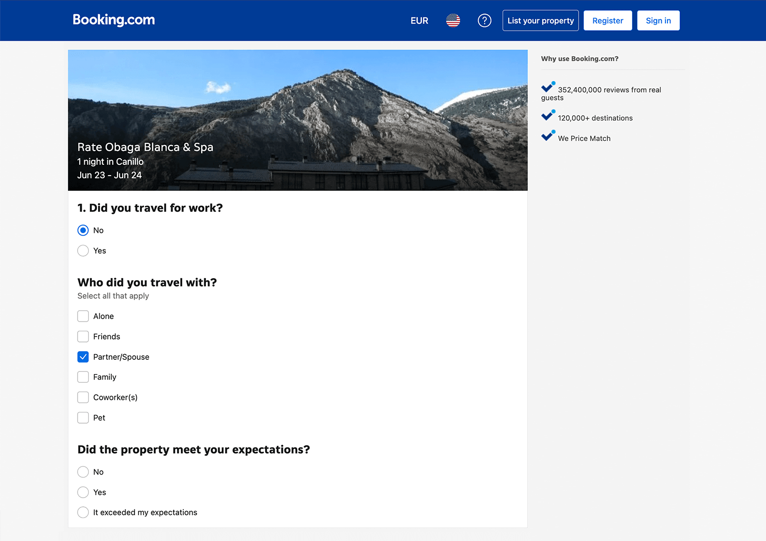 Booking.com survey example asking about travel purposes and companions