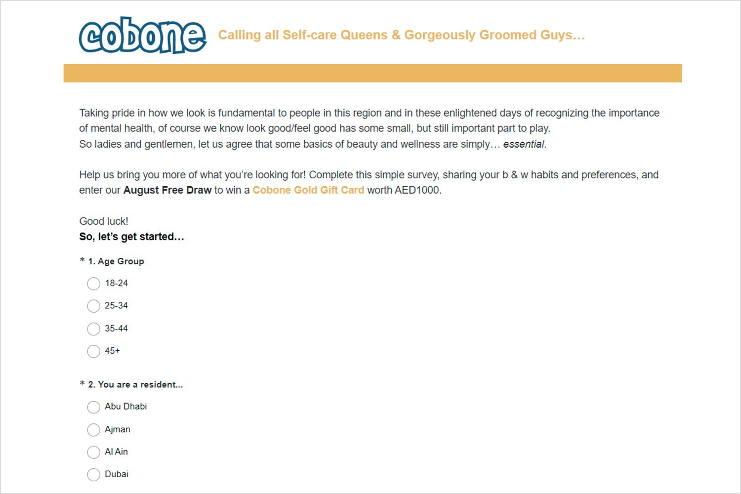 Beauty and wellness survey design from Cobone with demographic questions and a chance to win a gift card.