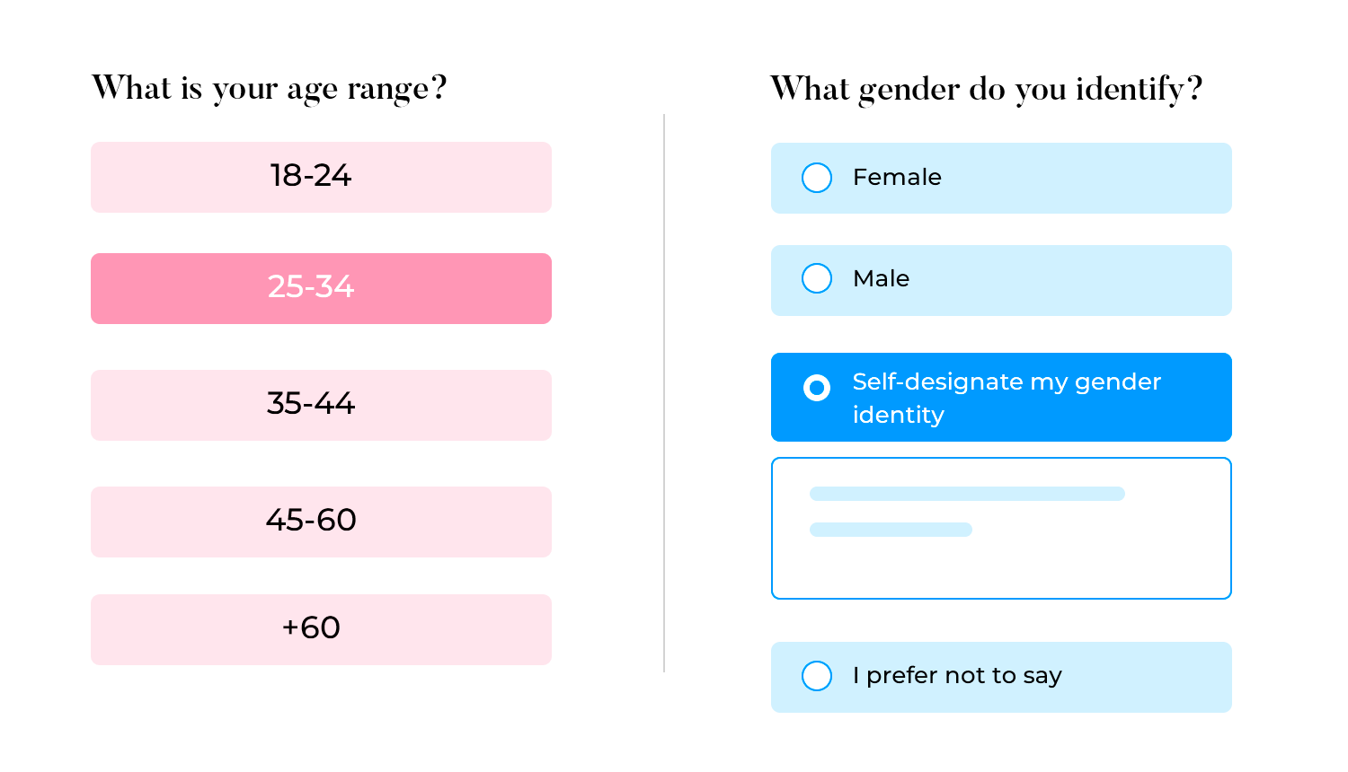 Survey form asking for age range and gender identity with options for self-designation and prefer not to say