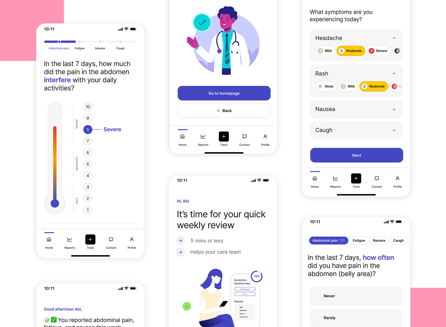 Mobile app survey screens or reporting abdominal pain, rating symptoms, and completing a weekly health review