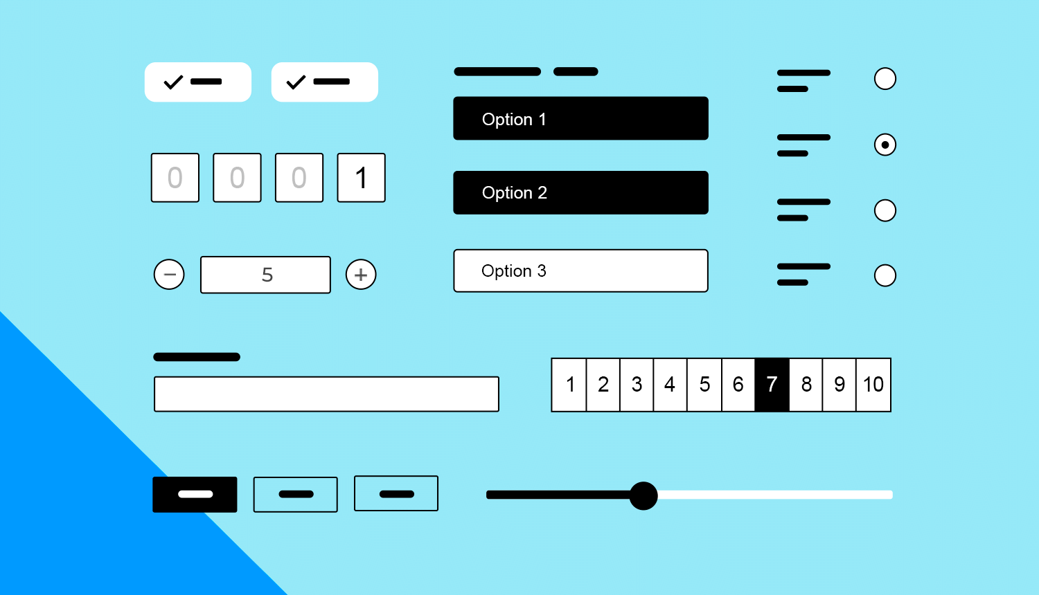 Justinmind UI elements for surveys including checkboxes, radio buttons, sliders, and number inputs on a blue background.