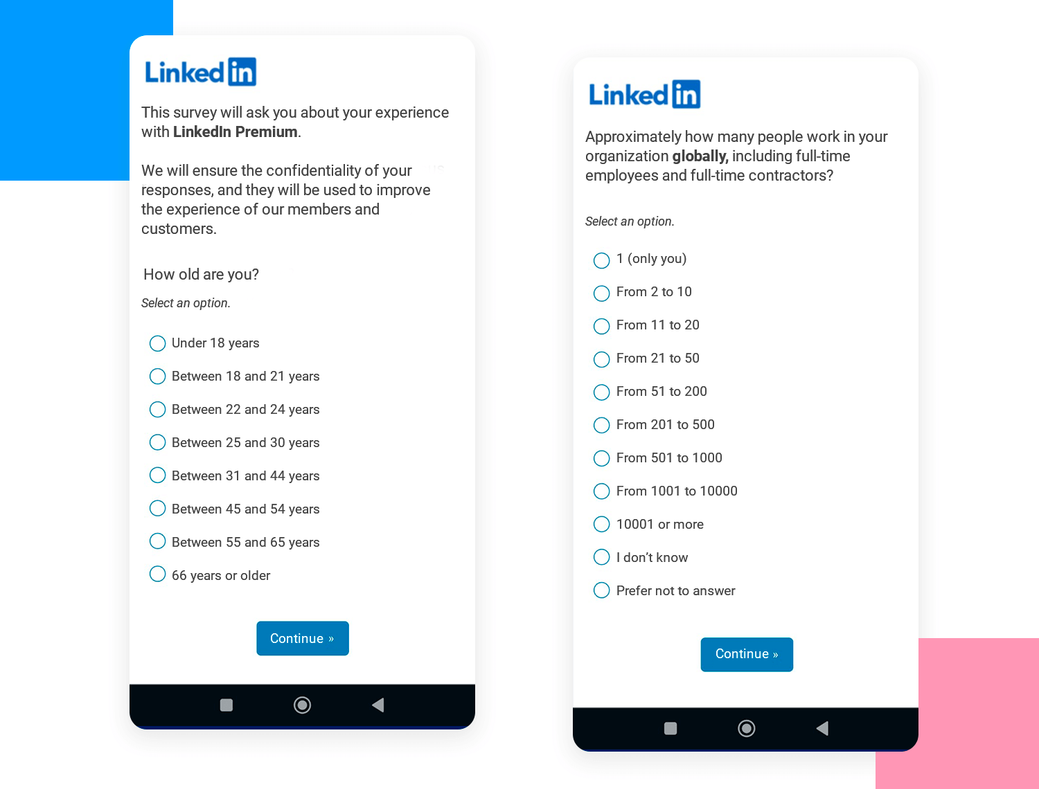 LinkedIn Premium survey asking about user experience and demographic details