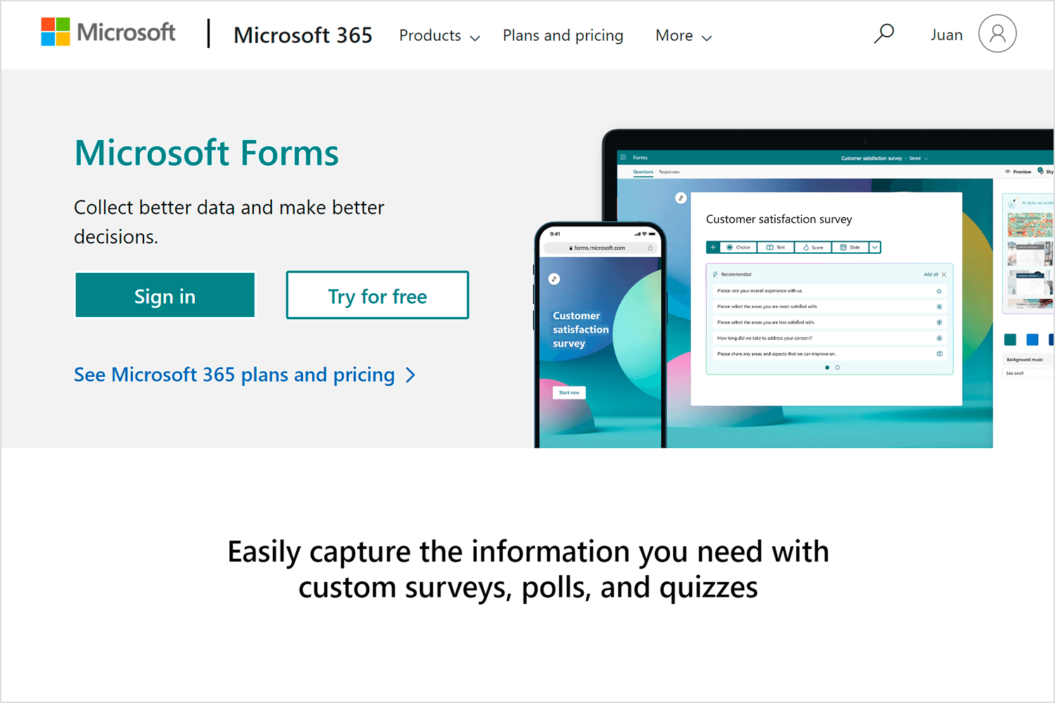 Microsoft Forms homepage highlighting features for creating custom surveys